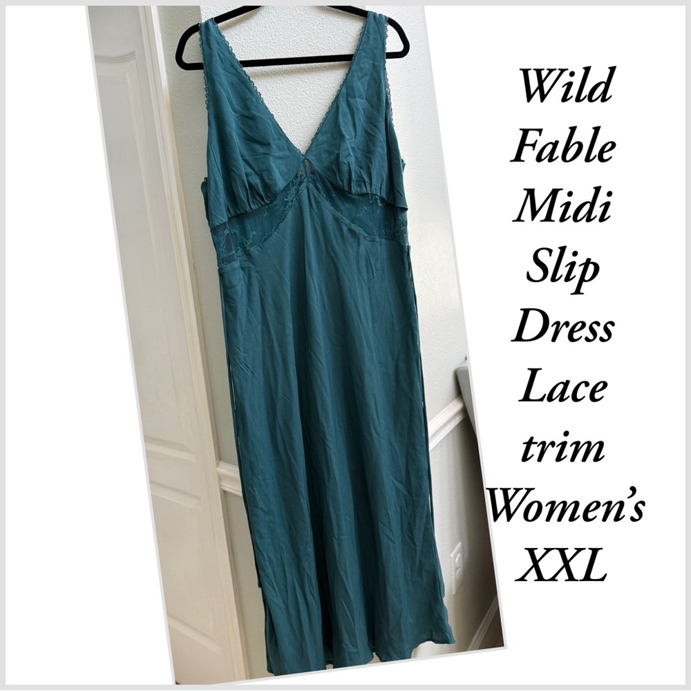 Wild Fable green Lace-Trim Slip Dress women’s XXL midi v neck lined NWOT
